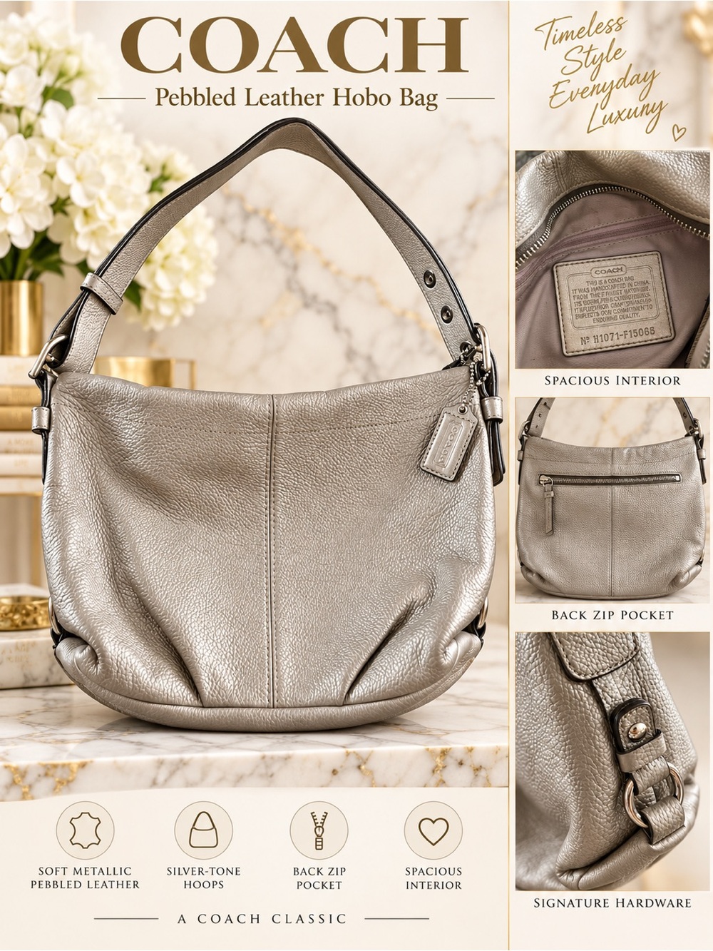 Coach Pebbled Leather Hobo Bag in Metallic Silver
